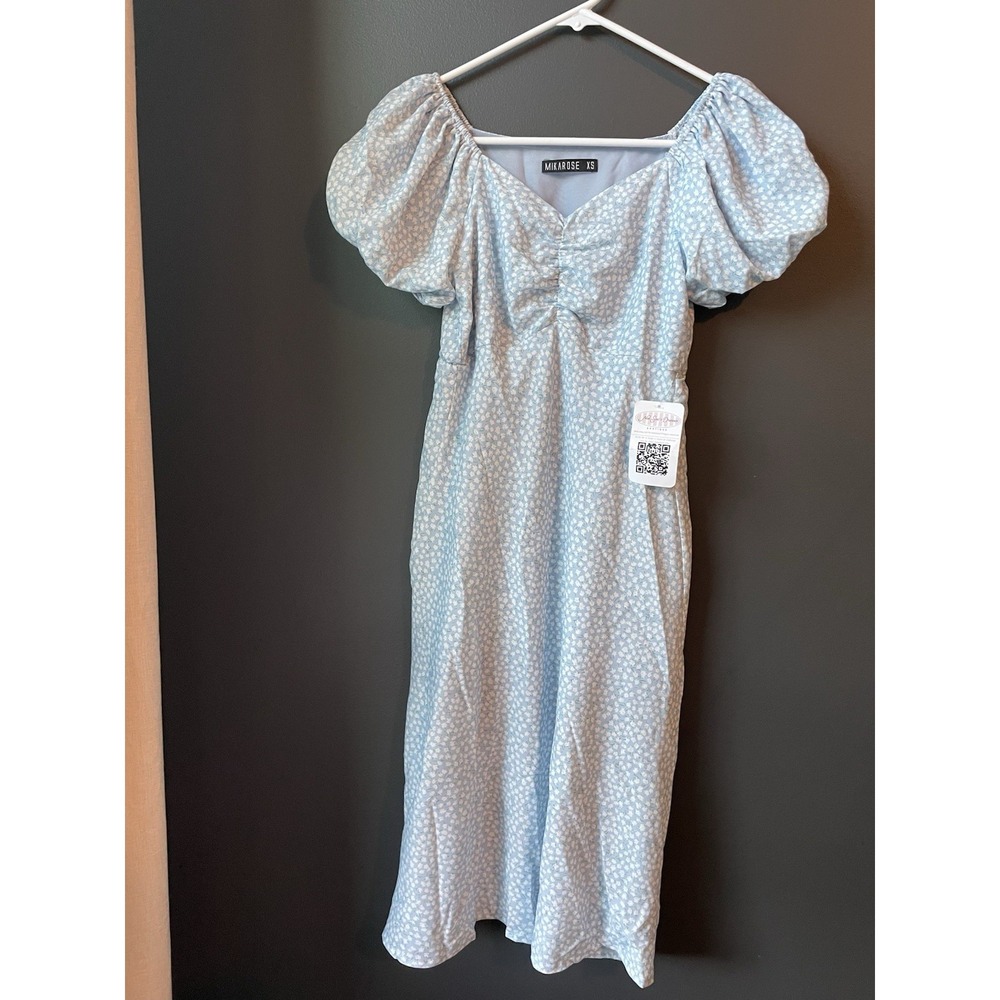 Mikarose Starlit Daisy Midi Dress XS Blue Floral Puff Sleeve Sweetheart NWT